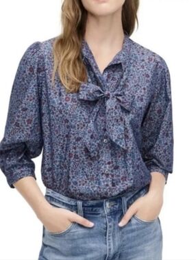 J. Crew Liberty Of London  “Colombo Chambray” Fabric Tie Neck Blouse Cotton XXS